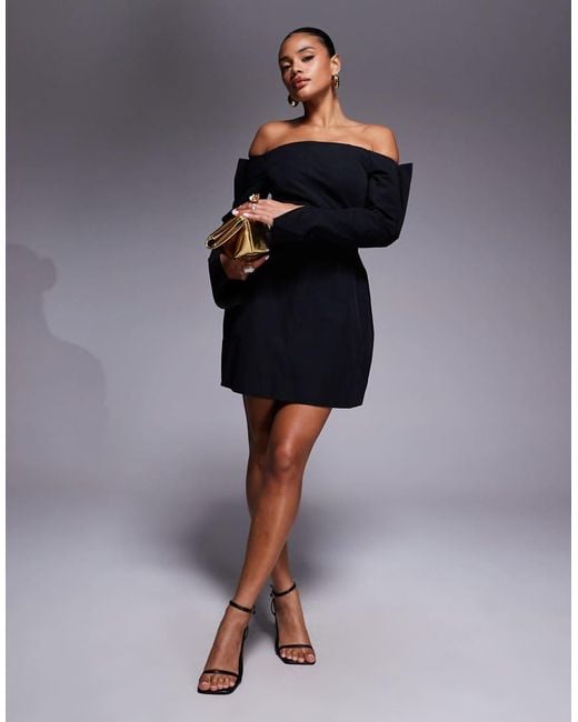 ASOS Blue Structured Long Sleeve Bardot Mini Dress With Seam Detailing