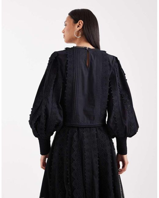 AllSaints Blue Hart Embroidered Detail Long Sleeve Co-Ord Cropped Blouse