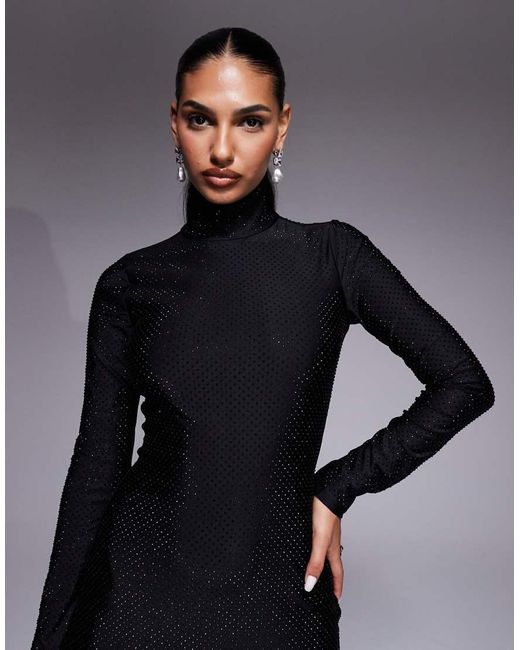AFRM Black Hotfix Roll Neck Thigh Split Maxi Dress