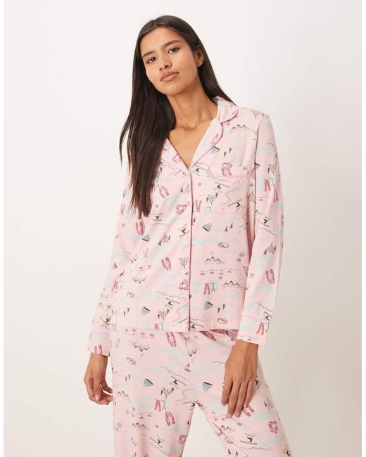 ASOS Pink Super Soft Long Sleeve Shirt & Trouser Pyjama Set With Contrast Piping