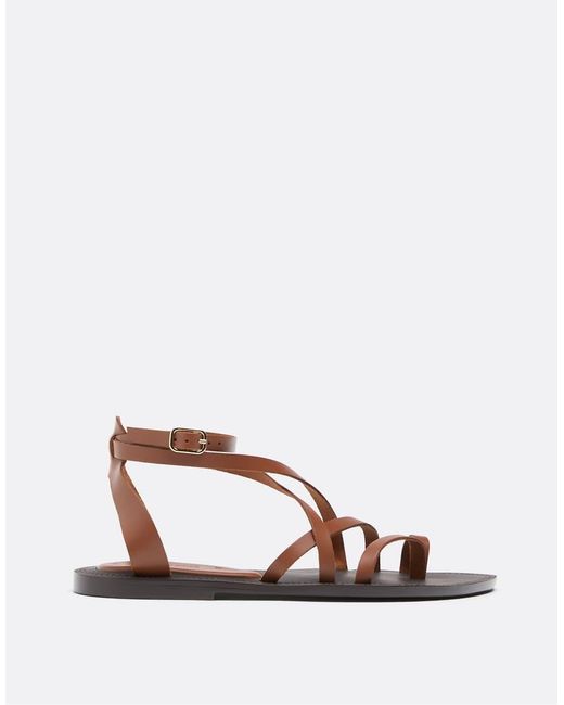 Stradivarius Brown Flat Leather Tie-up Sandals