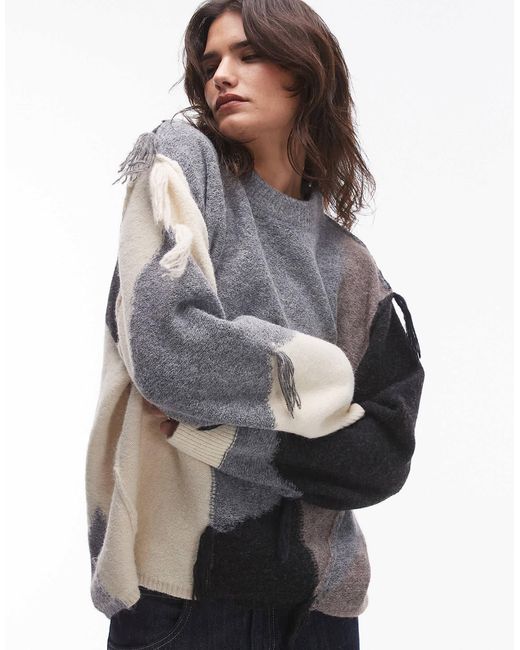 Pull oversize en maille effet patchwork avec pampilles - neutre TOPSHOP en coloris Gray
