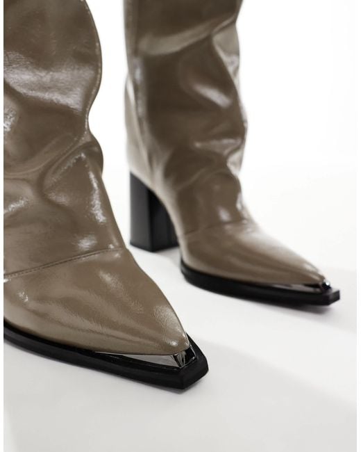 London Rebel Gray Zoe Slouchy Block Heeled Knee Boots
