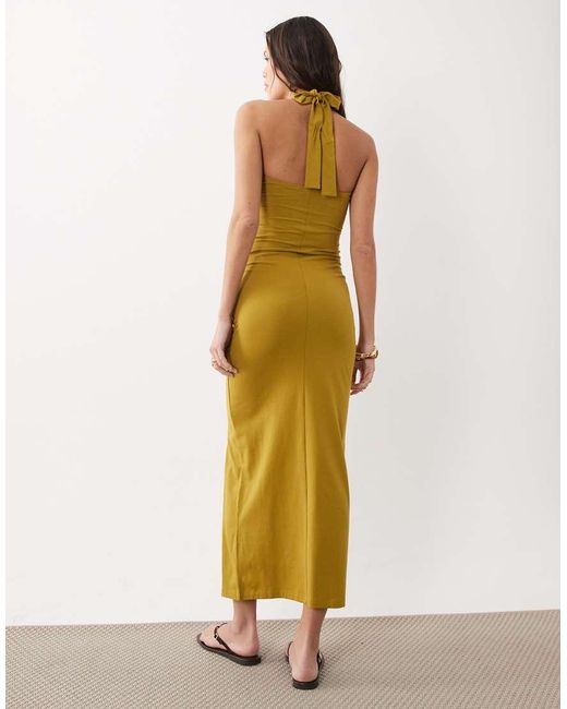 ASOS Metallic Halter Neck Ruched Front Midi Dress
