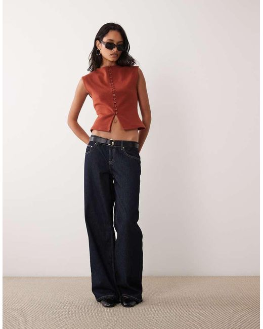 ASOS Red Compact Cotton Grown On Sleeve Button Down Top