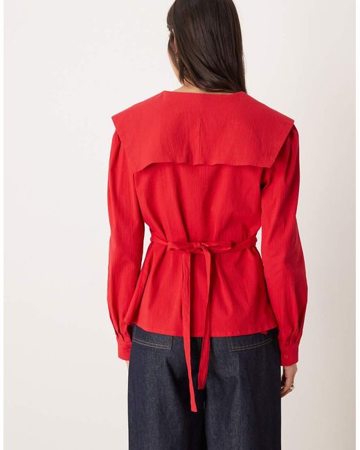 Ghospell Red Cotton Double Bow Detail Tie Waist Wrap Top