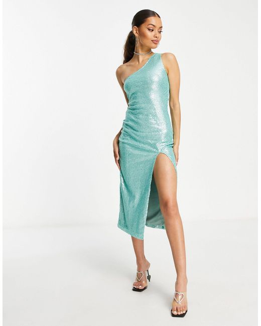 SIMMI Blue Simmi Petite Summer Sequin Embellished One Shoulder Midi Dress With Thigh Split