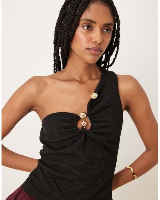 ASOS Black Rib One Shoulder Top With Gold Trim Detail