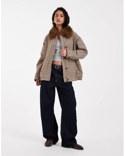 Levi's Brown Billie Oversized Micro Check Bomber Jacket With Fur Collar