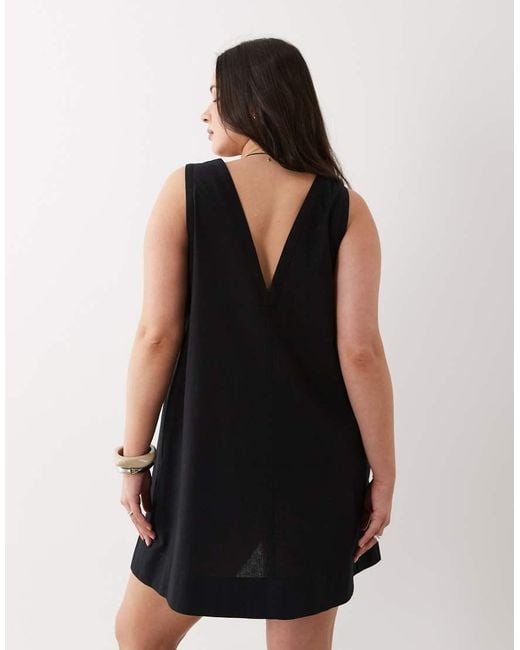 ASOS Black Asos Design Curve Cotton Linen V Neck Smock Mini Dress