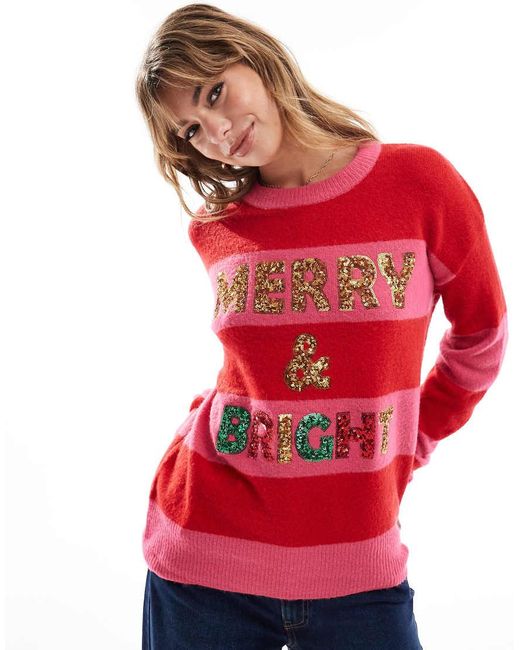 Brave Soul Red Oversized Christmas Jumper With Sequins