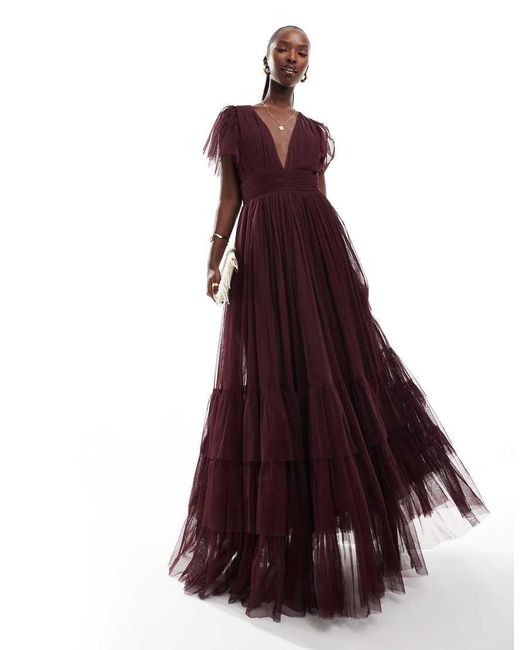 LACE & BEADS Red Bridesmaid Madison V Neck Tulle Maxi Dress