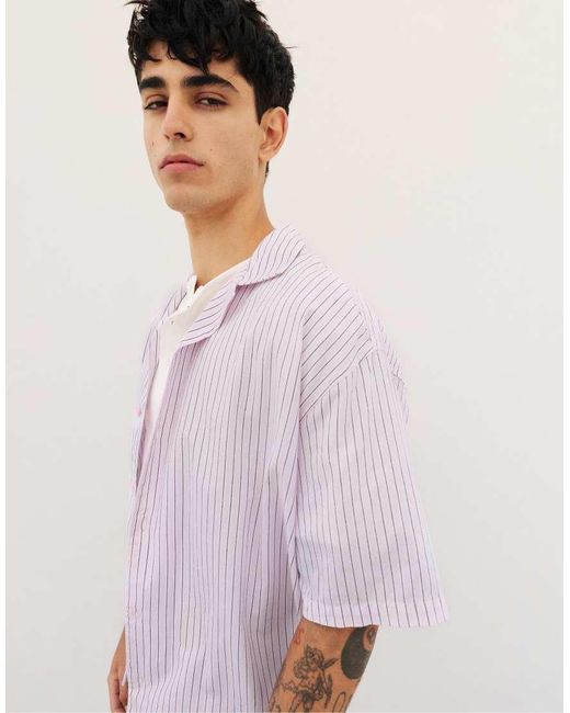 Pull&Bear Purple Striped Short Sleeve Shirt for men