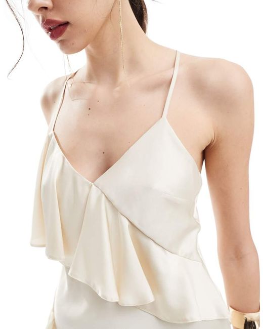 New Look Ruffle Satin Maxi Dress in Natural Lyst UK