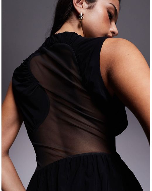 ASOS Black Midi Dress With Cowled Skirt And Mesh Cut Out Detailing