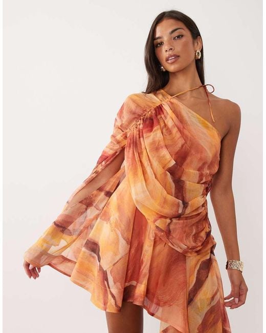 ASOS Orange One Shoulder Asymmetric Chiffon Mini Dress