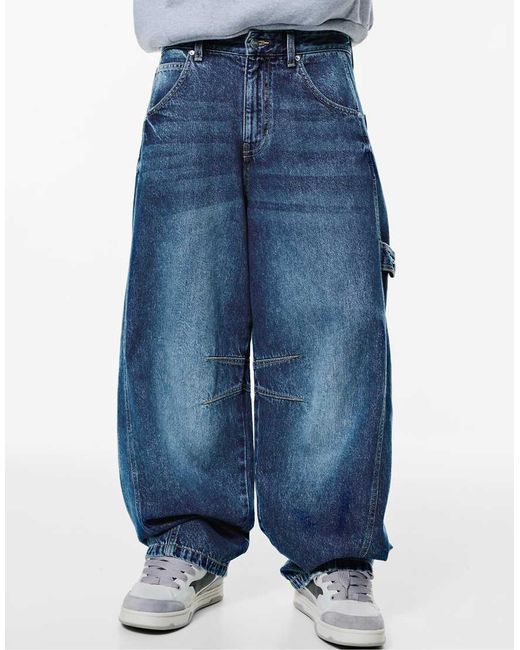 Pull&Bear Blue Balloon Fit Jeans With Embroidered Pocket for men