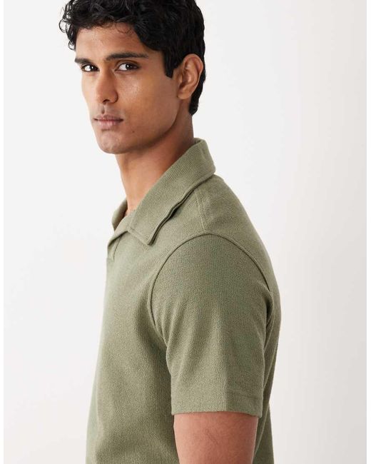Mango Green Cotton Rich Textured Knit Revere Neck T-shirt for men