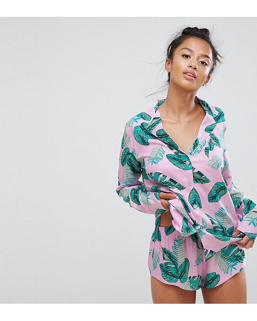 ASOS Blue Exclusive Tropical Print Long Sleeve Shirt & Short Pyjama Set