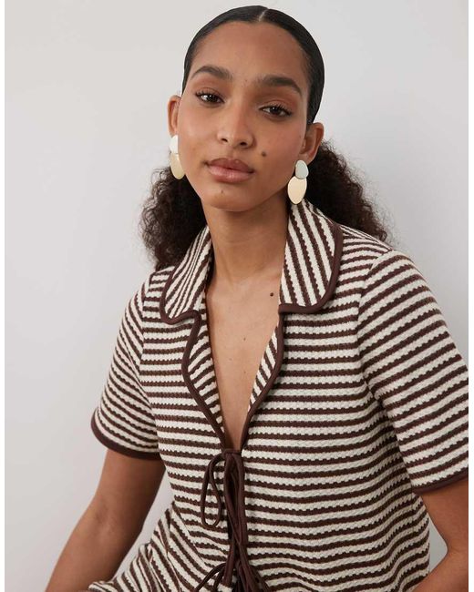 Brave Soul Natural Co-Ord Tie Front Shirt Crochet Top