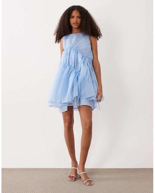 Ghospell Blue Indie Mesh Overlay Sleeveless Drawstring Detail Mini Dress