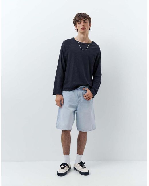 Pull&Bear Blue baggy Denim Bermuda Shorts for men