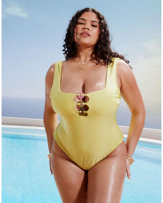 ASOS Green Asos Design Curve Bella Textured Swimsuit With Beaded Ring Detail