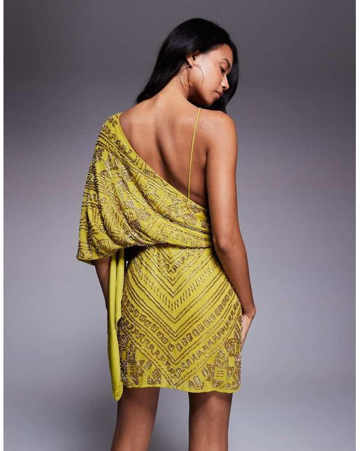ASOS Yellow Asymmetric Cape Detail Allover Embellished Mini Dress