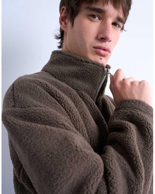 Topman Brown 1/4 Zip Borg Sweatshirt for men