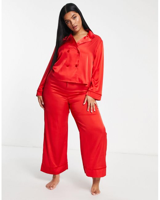 ASOS Asos Design Curve Satin Double Breasted Shirt & Trouser Pyjama Set  With Velvet Trim in Red | Lyst Canada