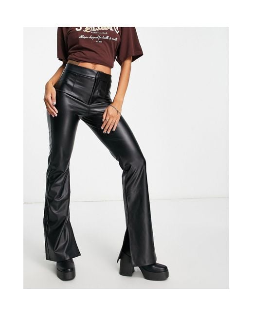 Bershka Synthetic Split Hem Faux Leather Flare Trouser in Black Lyst