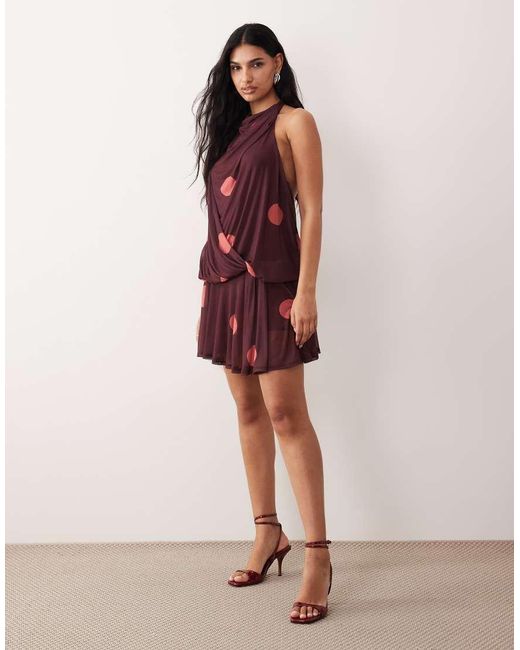 ASOS Red Printed Mesh Draped Halter Mini Dress With Blouson