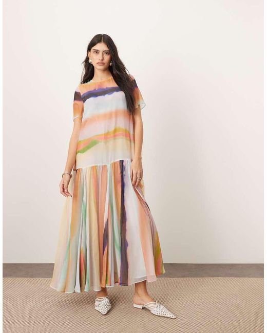 ARRANGE Natural Sheer Chiffon Drop Waist Maxi T-shirt Dress