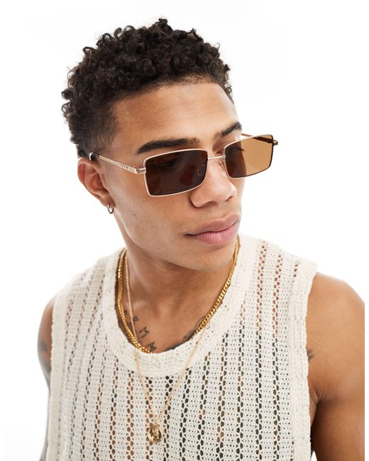 ASOS Brown Rectangle Sunglasses With Temple Detail for men