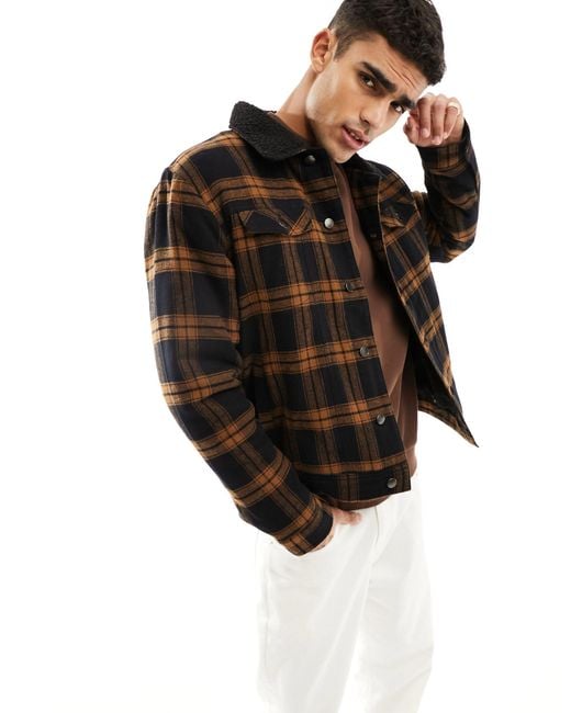 Threadbare Black Check Jacket With Borg Collar And Lining for men