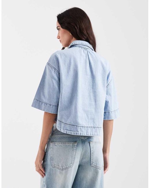 ONLY Blue Boxy Cropped Denim Shirt