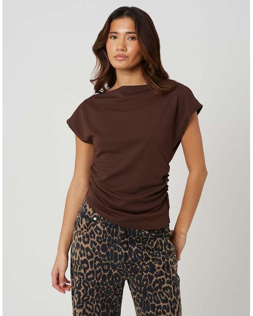 Brave Soul Brown Jersey Off The Shoulder Top With Ruching Detail