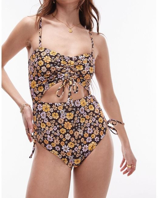 TOPSHOP Brown Cut Out Ruched Side Swimsuit