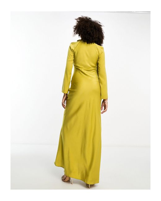 ASOS Long Sleeve Satin Bias Maxi Dress With Scarf Detail in Yellow | Lyst