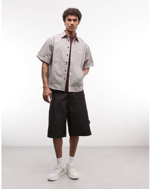 Xlarge Gray Check Double Checked Short Sleeve Shirt With Kangaroo Pockets for men