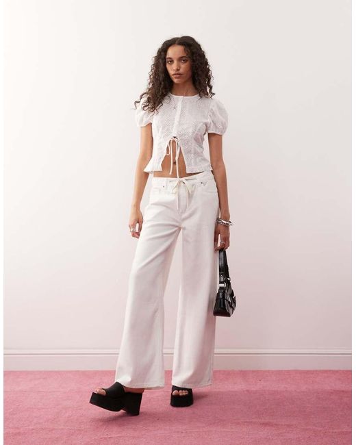 Lioness White Broderie Puff Sleeve Button Down Tie Detail Cropped Top
