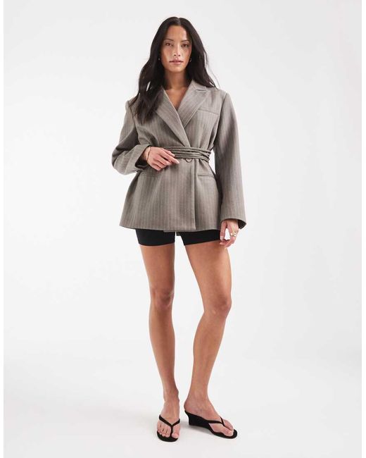 Muse Assembly Gray Structured Blazer With Sinched Waist Tie