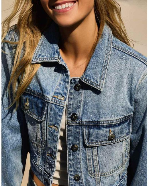 Bershka Blue Shimmery Cropped Denim Jacket