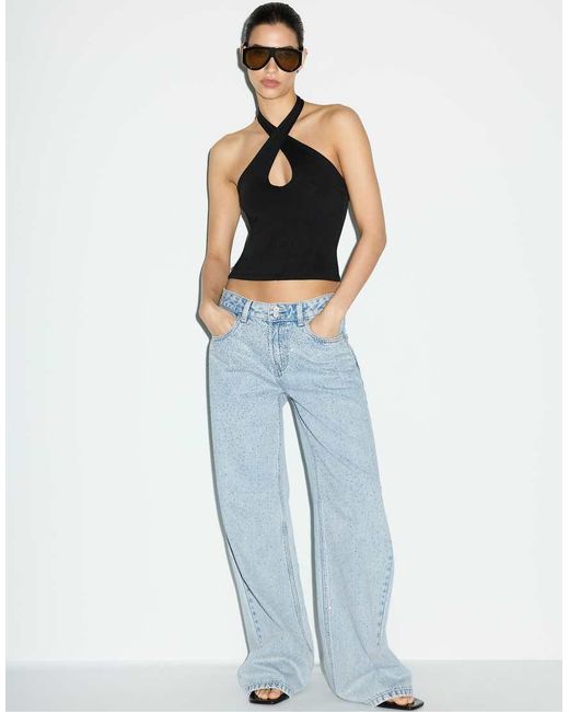Stradivarius White Halter Cross-over Top