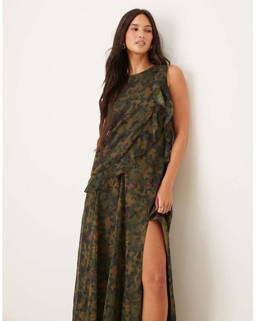ASOS Natural Racer Neck Shift Maxi Dress With Ruffle Detail