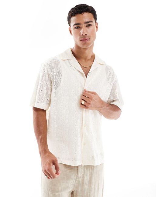 River Island – boxy-fit-hemd aus häkelstoff in White für Herren