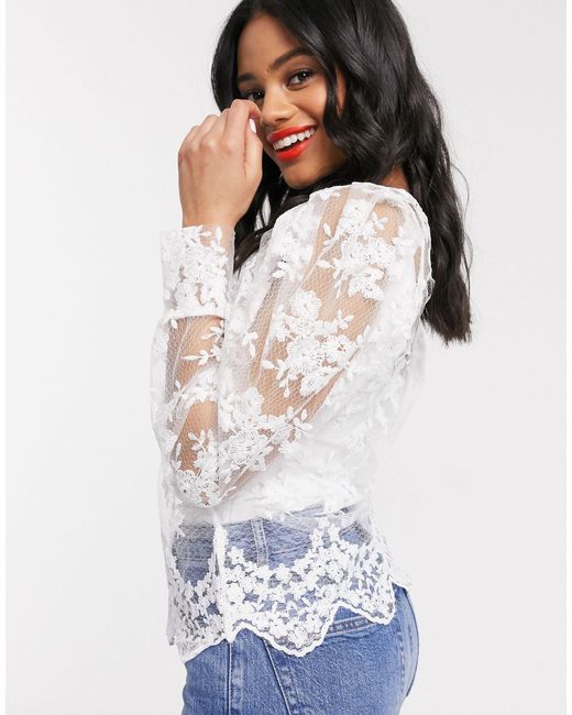 Lipsy White Lace Puff Sleeve Blouse With Tie Bow Neck Detail