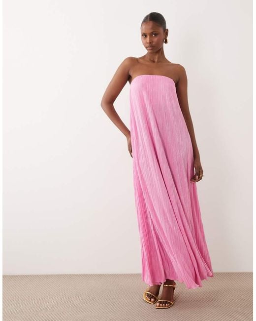 ASOS Pink Plisse Bandeau Trapeze Midi Dress