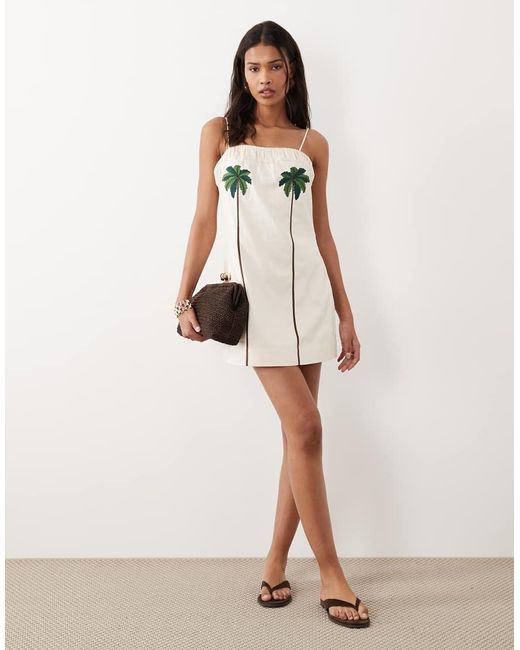 ASOS Natural Mini Dress With Palm Tree Embroidery