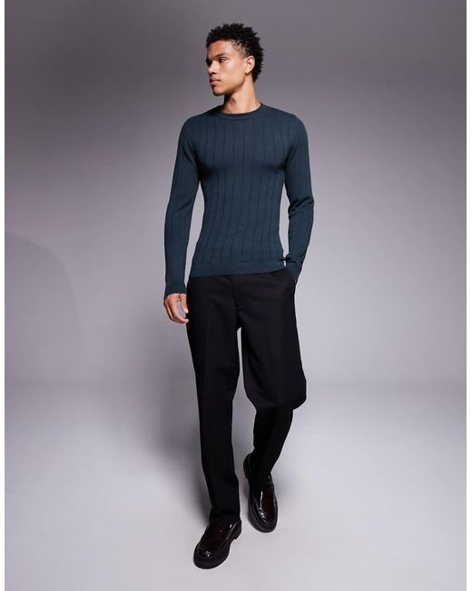 ASOS Blue Muscle Fit Long Sleeve Knitted Rib T-Shirt for men